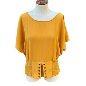 OLM Mustard Yellow Batwing Grommet Gathered Blouse Top Women's Large